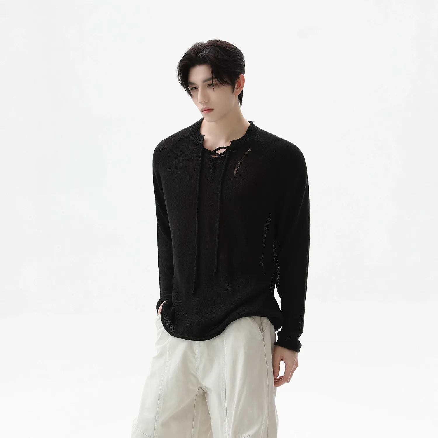Destroy strap design knitted raglan sleeve long-sleeved T-shirt new loose lazy commuter men's early autumn top
