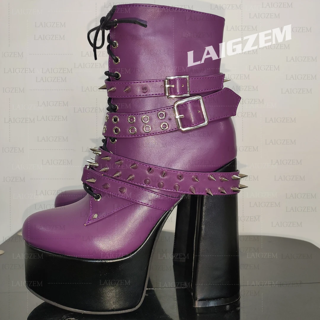 

BERZIMER Женские ботильоны на платформе, ботинки на толстом высоком каблуке с застежкой-молнией и шипами, женская обувь в стиле панк, большой размер 41 46 50 52