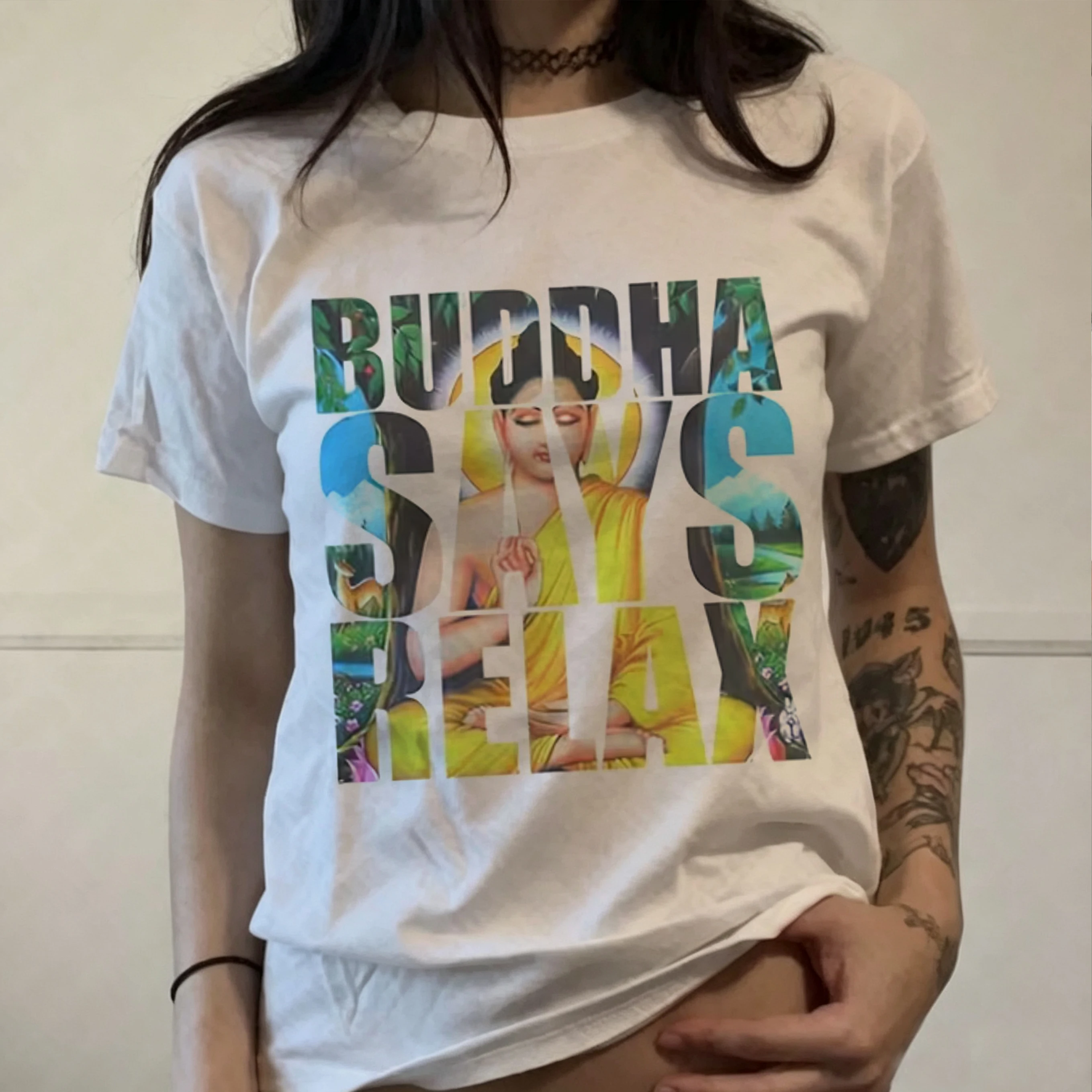 Statue Chill Print T-Shirt Short Sleeve Round Neck Casual Top Men Women's Harajuku Y2K New Trendy Pro Choice Streetwear Tee Tops