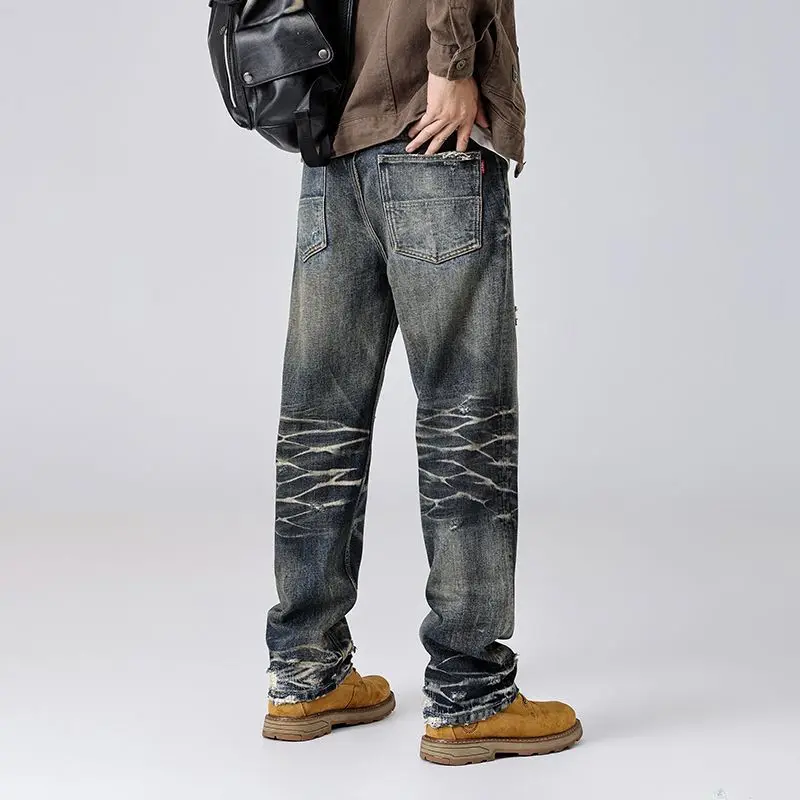 

Мужские джинсы в стиле ретро, элитный уличный стиль, стираные и потертые, маленькая прямая трубка, модные, классные и ностальгические брюки.
