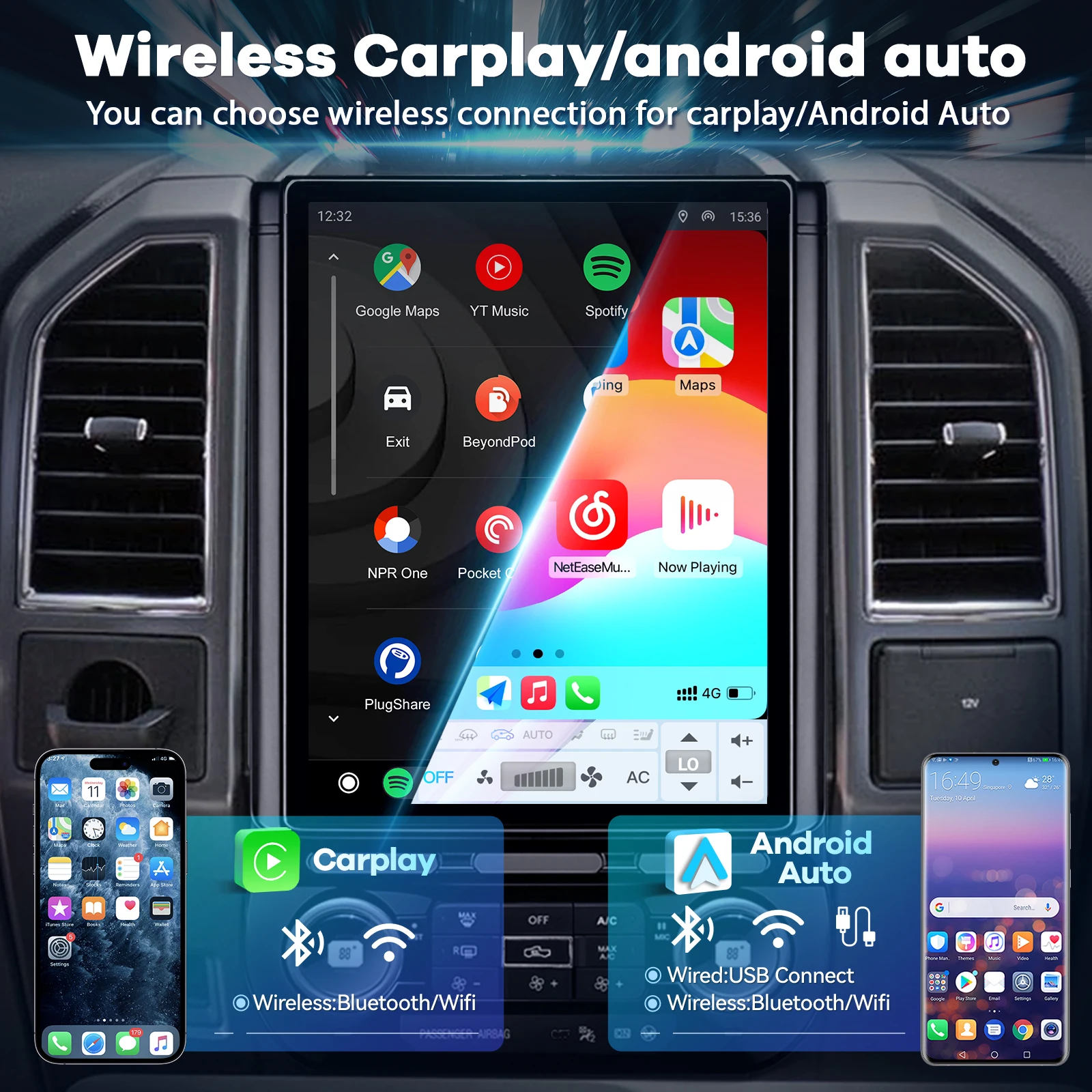 12.1 Inch Tesla Style Radio Screen Accessories Snapdragon 665 for Ford F150 2015-2021 Wireless CarPlay QLED DSP 8+128GB Camera