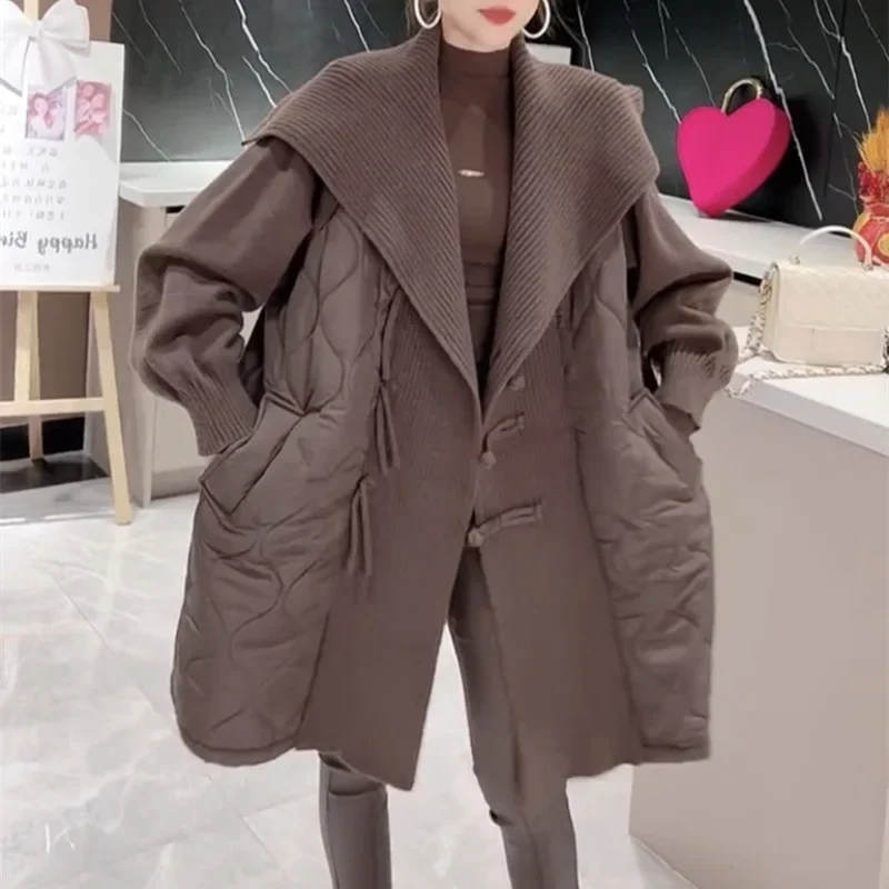 SuperAen Autumn and Winter New Women's Quilted Coats Jacket Europe and America Style Oversize Fashion Knitting Spliced Sweaters