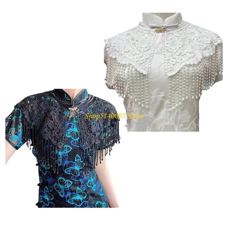 

DXAE Modernized Chinese Shoulder Capelet with Beaded Tassels Breathable Lace Fabric Classical Color For Women Lady