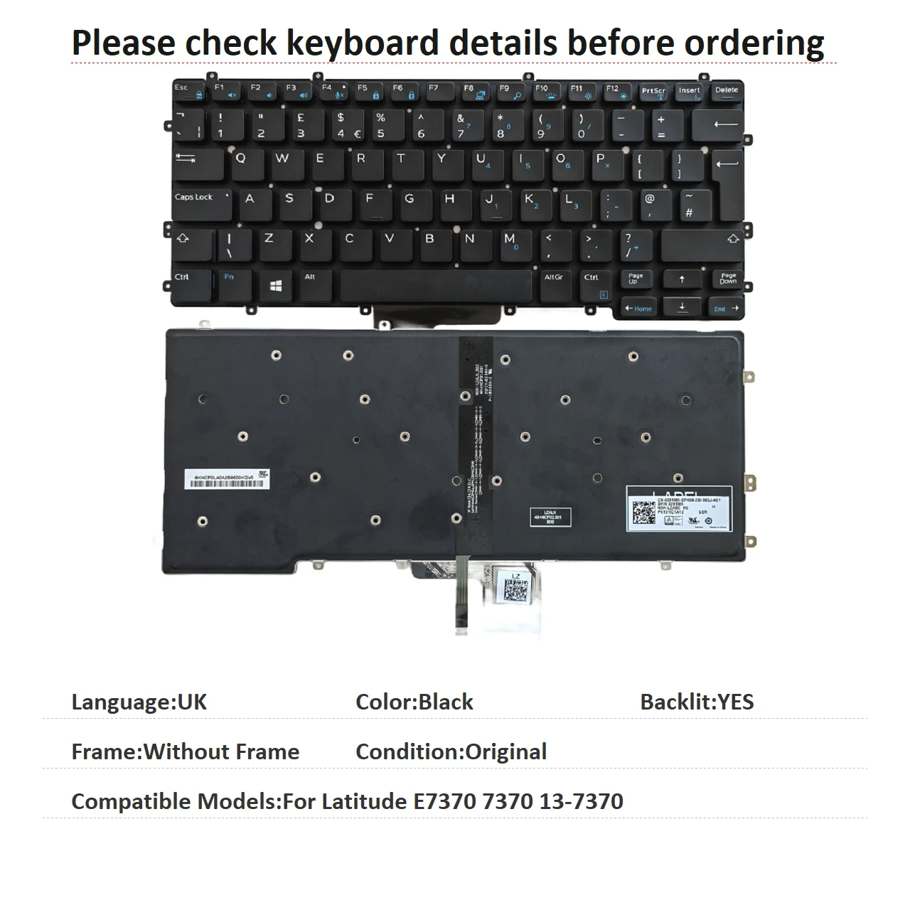 New UK Language  Backlit Keyboard For Dell Latitude E7370 7370 13-7370 Notebook PC Replacement Keyboard