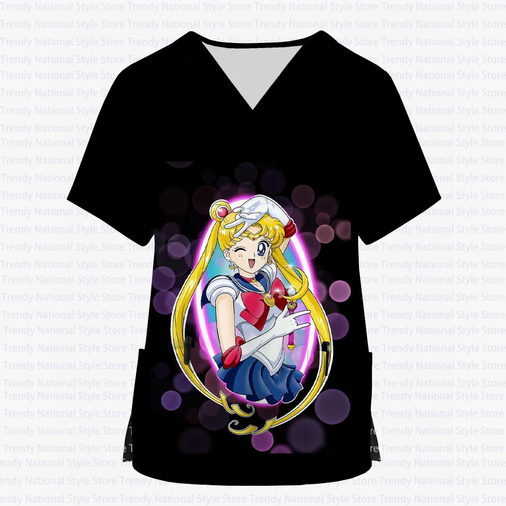 2025 Nuova Estate Del Fumetto Sailor Moon Infermiera delle Donne Uniforme Con Scollo A V Tasca Stampata Top Smerigliato Uniforme Da Lavoro Ospedale T-shirt