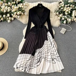 Autumn Miyake Pleated Chic Blazer Print Dress Women Notched Long Sleeve Lace Up Belt Stitching Pleated OL One Piece Dress N6045