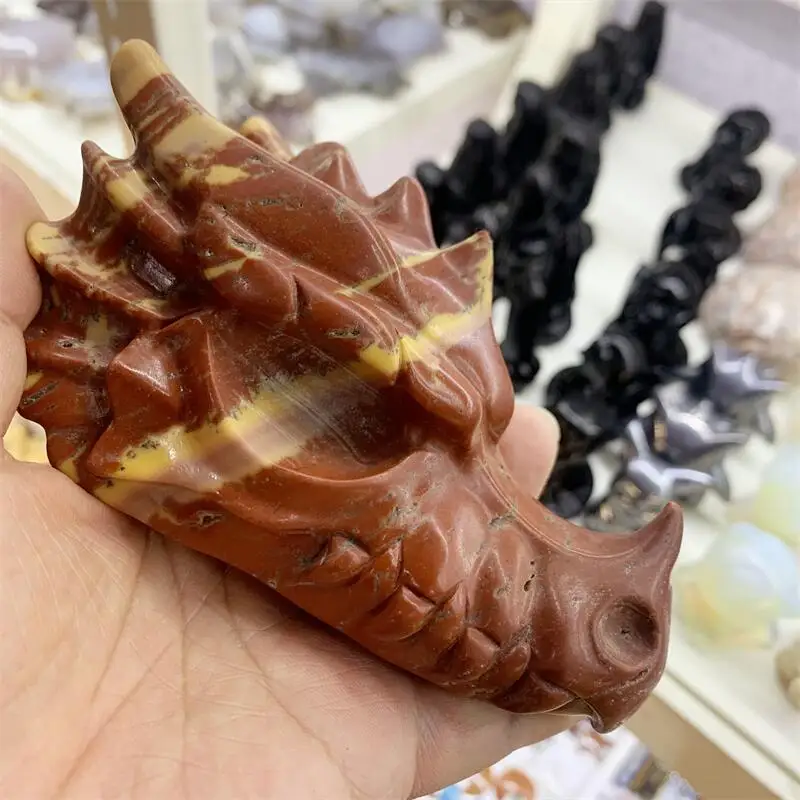 Natural Red Lace Jasper Dragon Skull Carving Head Animal Statue Faucet For Room Decoration Holiday Gifts 1pcs