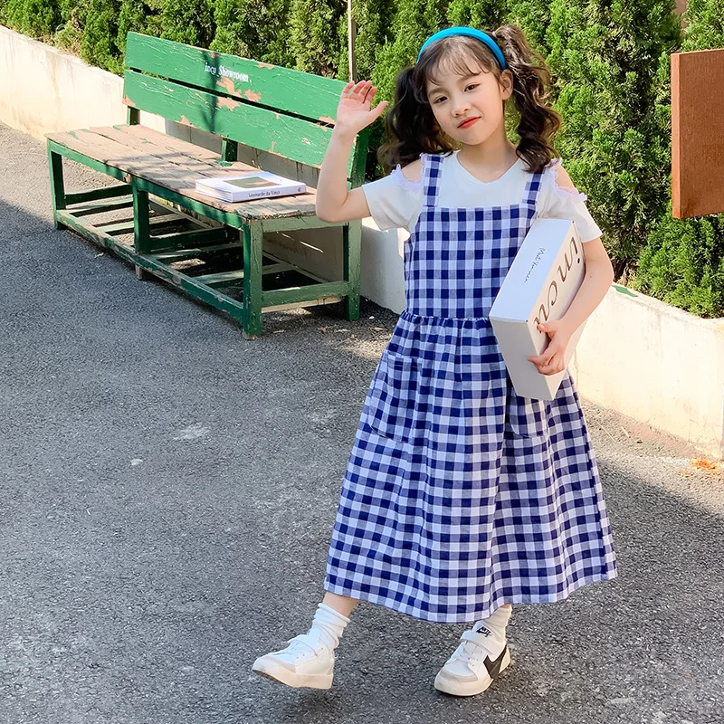 2024 Korean Summer Teenager Girl 2PCS Clothes Set Children Girl Lace Off Shoulder Tops+Plaid Sling Dress Kids Girl Clothing Set