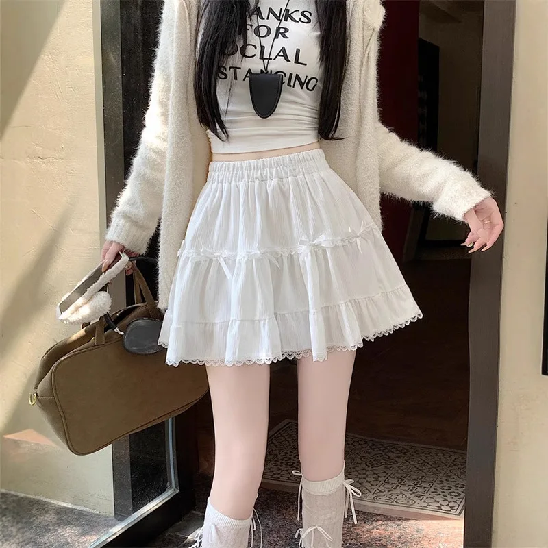 2026Spring new sweet ballet-style bow skirt, high-waisted layered lace trim puffy short skirt for women