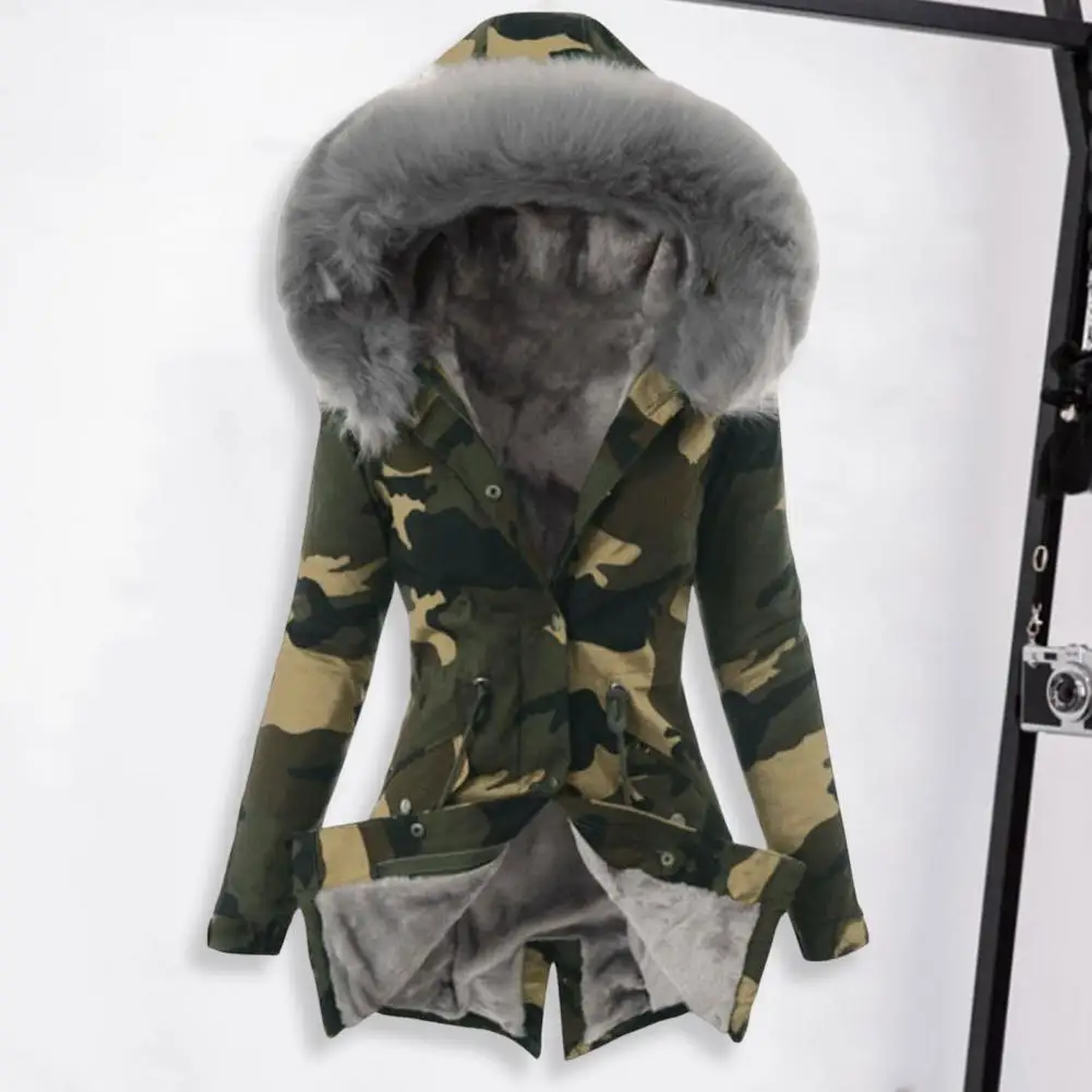 Women Winter Down Coat Faux Fur Fleece-lined Zip-up Press Button Closure Windproof Mid Length Jacket Camouflage Print Slim Fit O