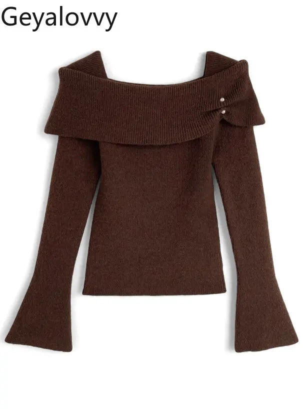 

Japanese Style Off-shoulder Bell Long Sleeves Knitting Bottom Shirt Spring Autum Easiest for Match Pure Color Sweet Girl Sweater