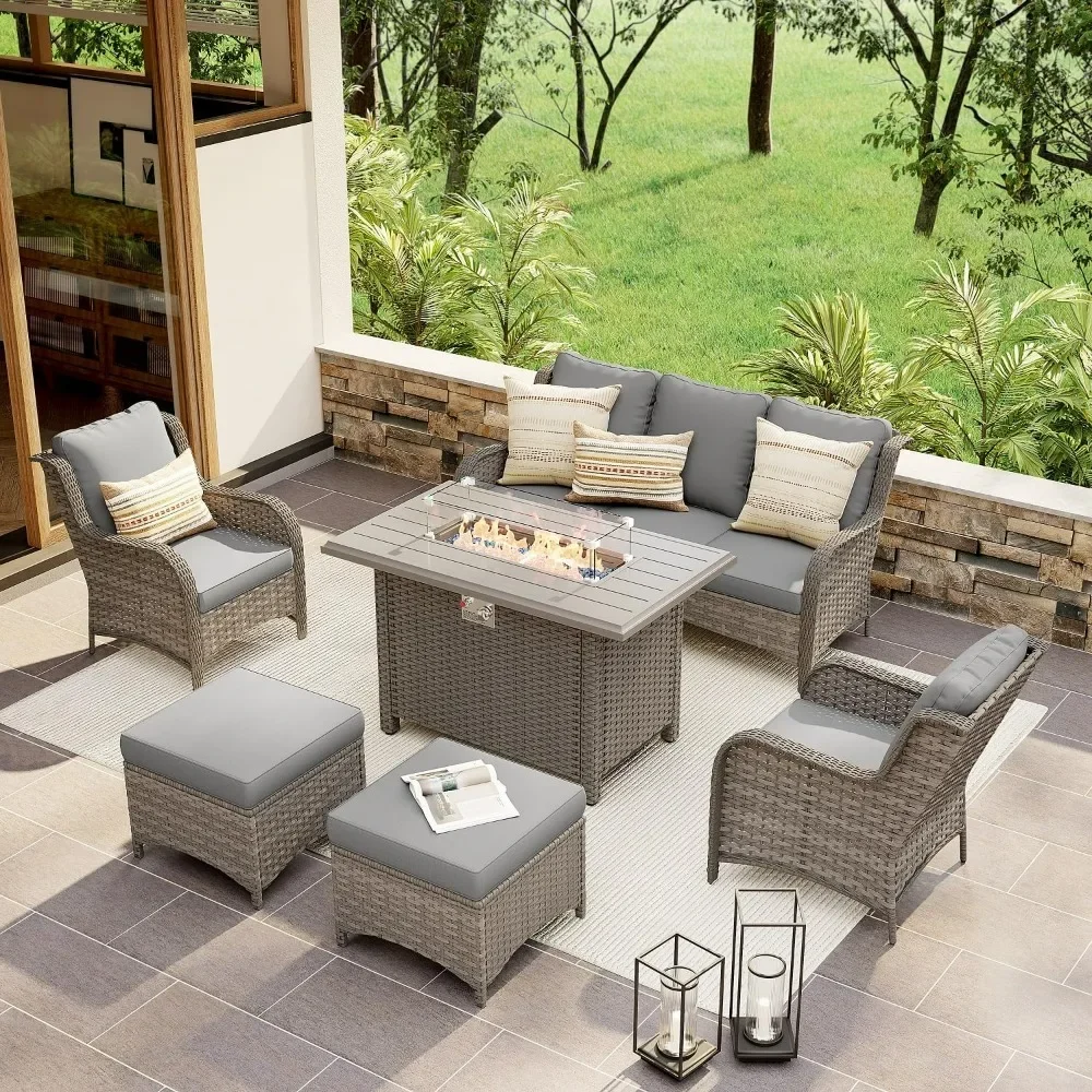 

Outdoor Furniture Set with Fire Pit Table 6-Piece Patio Sectional Furniture Set with Gas Firepit Grey Wicker & Grey Cushion