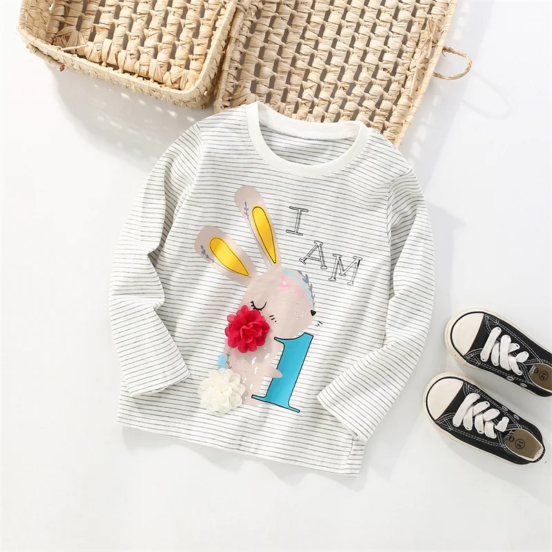 Jumping Meters 2-7T Long Sleeve Girls T Shirts Striped Bunny Kids Autumn Spring Kids Clothes Fashion Toddler Shirts Tops