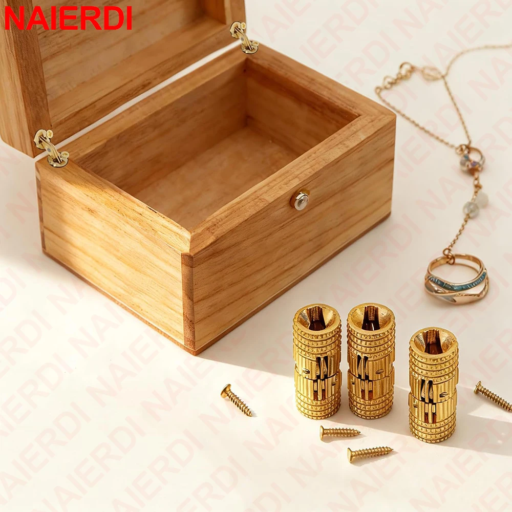 NAIERDI 4 Pieces 8-14mm Hidden Brass Barrel Hinges 180 Degree Opening Angle Concealed Furniture Hinges for DIY Jewelry Box Hand