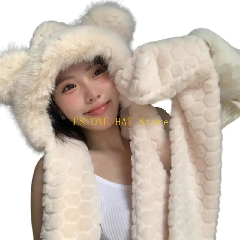 49MF Oversized Bear Hat with Ear and Gloves Skiing Hat Furry Hood Cartoon Photo Props Outdoor Head Wrap Hat for Halloween