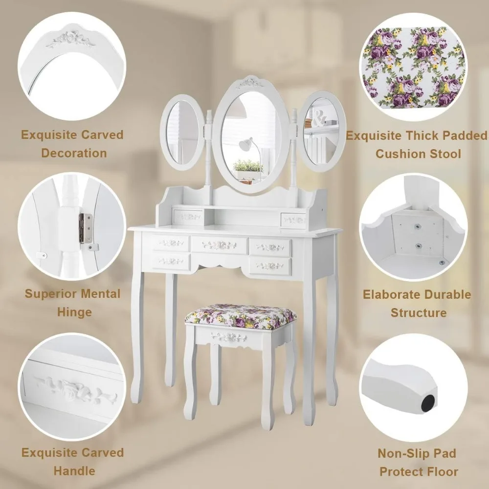 Vanity Set met drie opvouwbare spiegel en gedempte kruk, kaptafel met 7 lades en plank, antieke make-uptafel met re