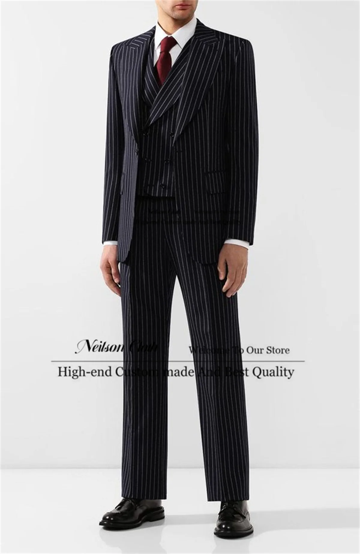 Business Black Stripe Male Prom Blazers Peaked Lapel 3 Pieces Sets Groom Wedding Tuxedos Groomsmen Slim Fit Terno Masculino