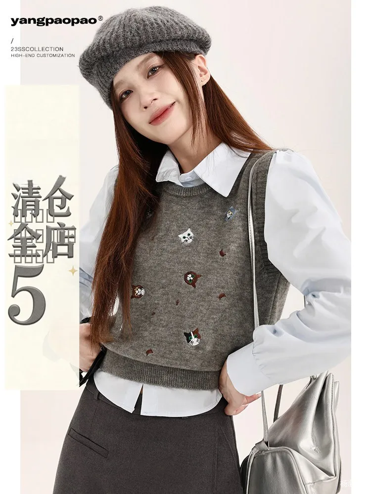 

Yang Bubble Women's Neck Long Sleeve Shirt And Sleeveless Tank Top Set Fashionable Two-Piece Suit round Neck Set