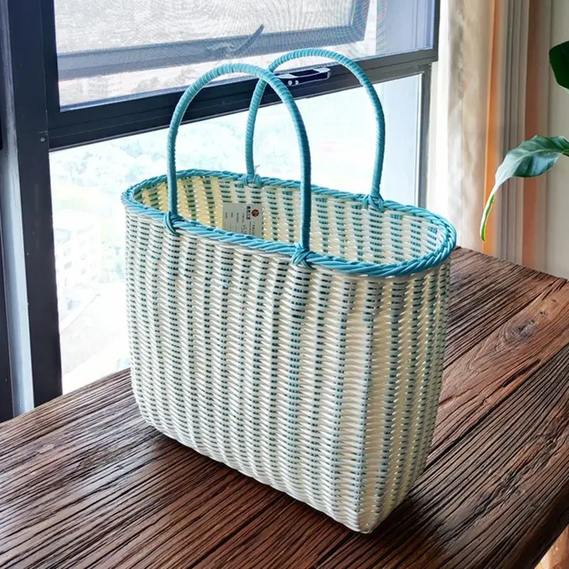 Imitation Rattan Hand-woven Shopping Basket Plastic High-end Fashion Household Shopping Basket Out to Play Hand Basket