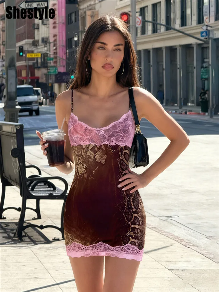 

Shestyle Pink Lace Brown Leopard Women Dresses Summer Spaghetti Strap Sheath Snake Print V Neck Gradual Bodycon Fashionable