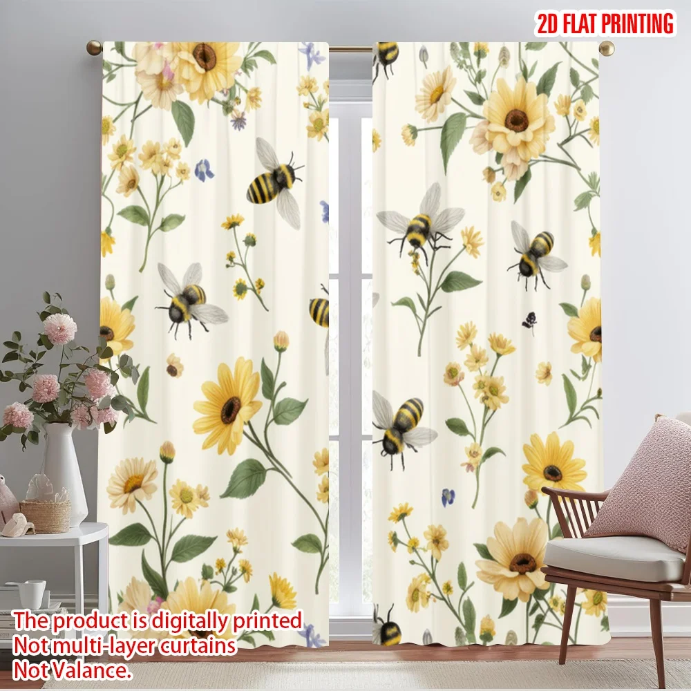 2pcs,2D plane printing Curtains Digital Printed Bee Blossom Dance Polyester Fabric (without rod) Festive for Bedroom Living Room