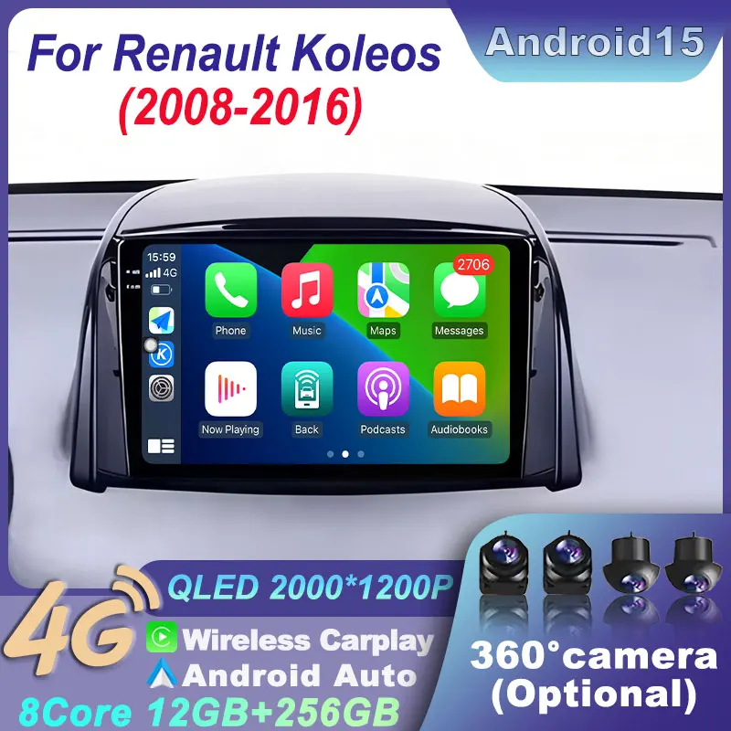 

Wireless Android 15 Car Radio GPS Multimedia Player Carplay Auto QLED Navi For Renault Koleos 2008 - 2016 Video Head Unit Stereo