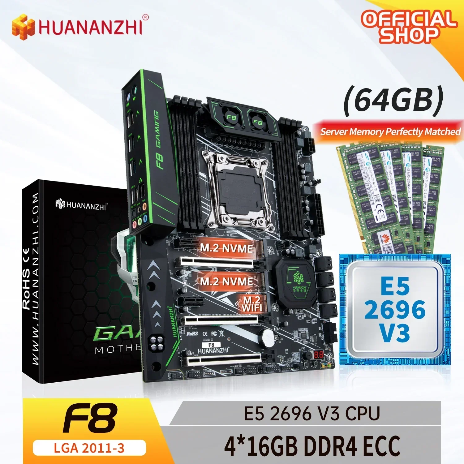 

HUANANZHI X99 F8 LGA 2011-3 XEON X99 Motherboard with Intel E5 2696 V3 with 4*16G DDR4 ECC memory combo kit set SATA RU