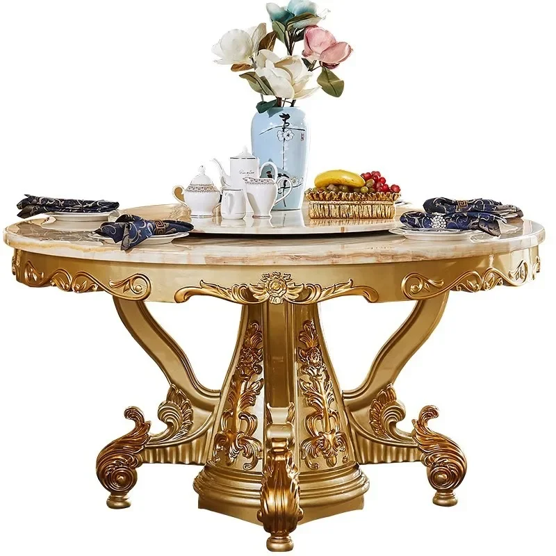 European dining tab le marble round t able full solid wood carving flower home din ing table hotel hot pot t able