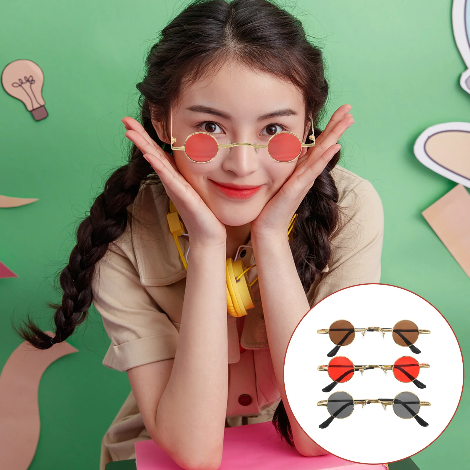 

3Pcs Retro Steampunk Mini Round Sunglasses Vintage 90s Gothic Circle Eyewear Trendy Small Shades for Women Men Costume