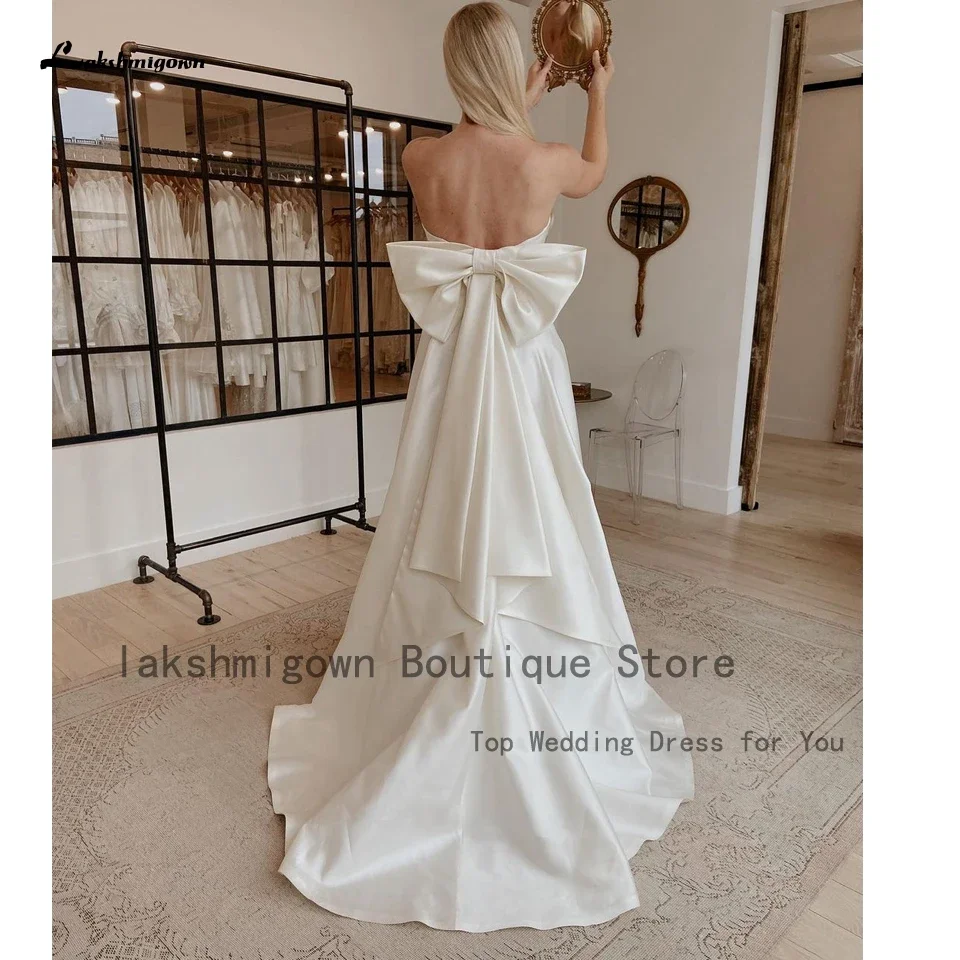 Lakshmigown Simple Satin A Line Wedding Dress 2025 Elegant Bridal Long Civil Dinner Party Gowns With Bow Off The Shoulder