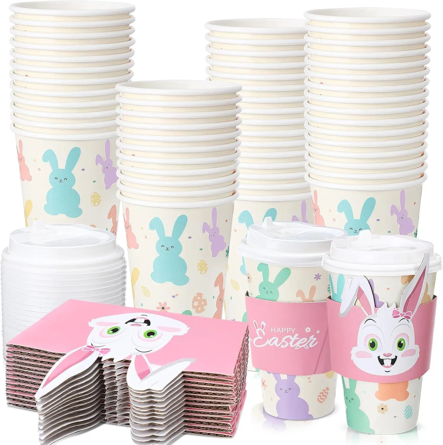 

50 Pack Easter Bunny Coffee Cups Paper 16 oz Easter Disposable Coffee Cups with Lids and Sleeves Bunny Tea Paper Drinkwa