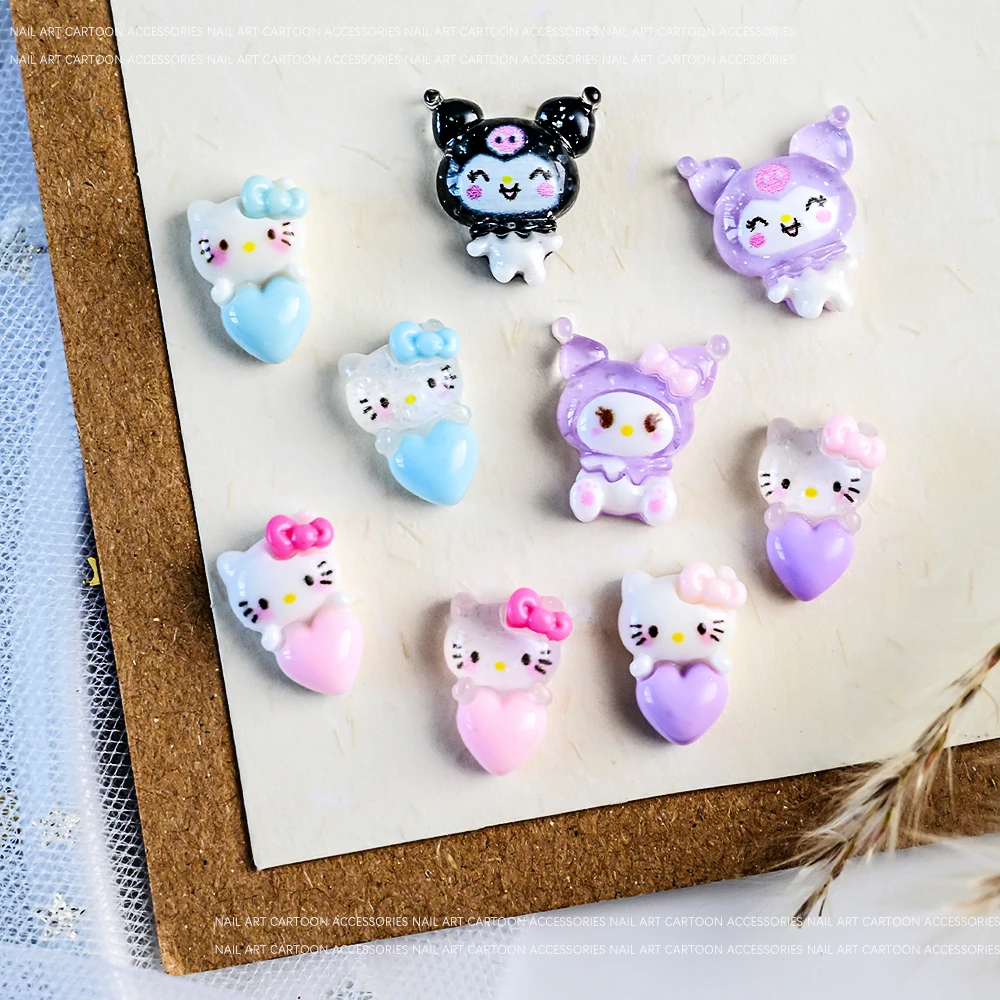 10 шт. Kawaii розовое синее сердце Hello Kitty подвеска для ногтей смола мини-мультфильм Kuromi дизайн ногтей с плоской задней частью горный хрусталь DIY поделки для ногтей