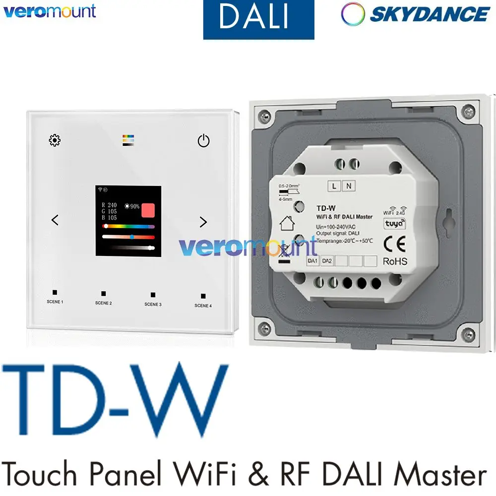 Skydance TD-W 5 em 1 WiFi e RF DALI Touch Painel Master montado na parede (aplicativo Tuya) 100-240V AC para cor única/CCT/RGB/RGBW/RGB + CCT