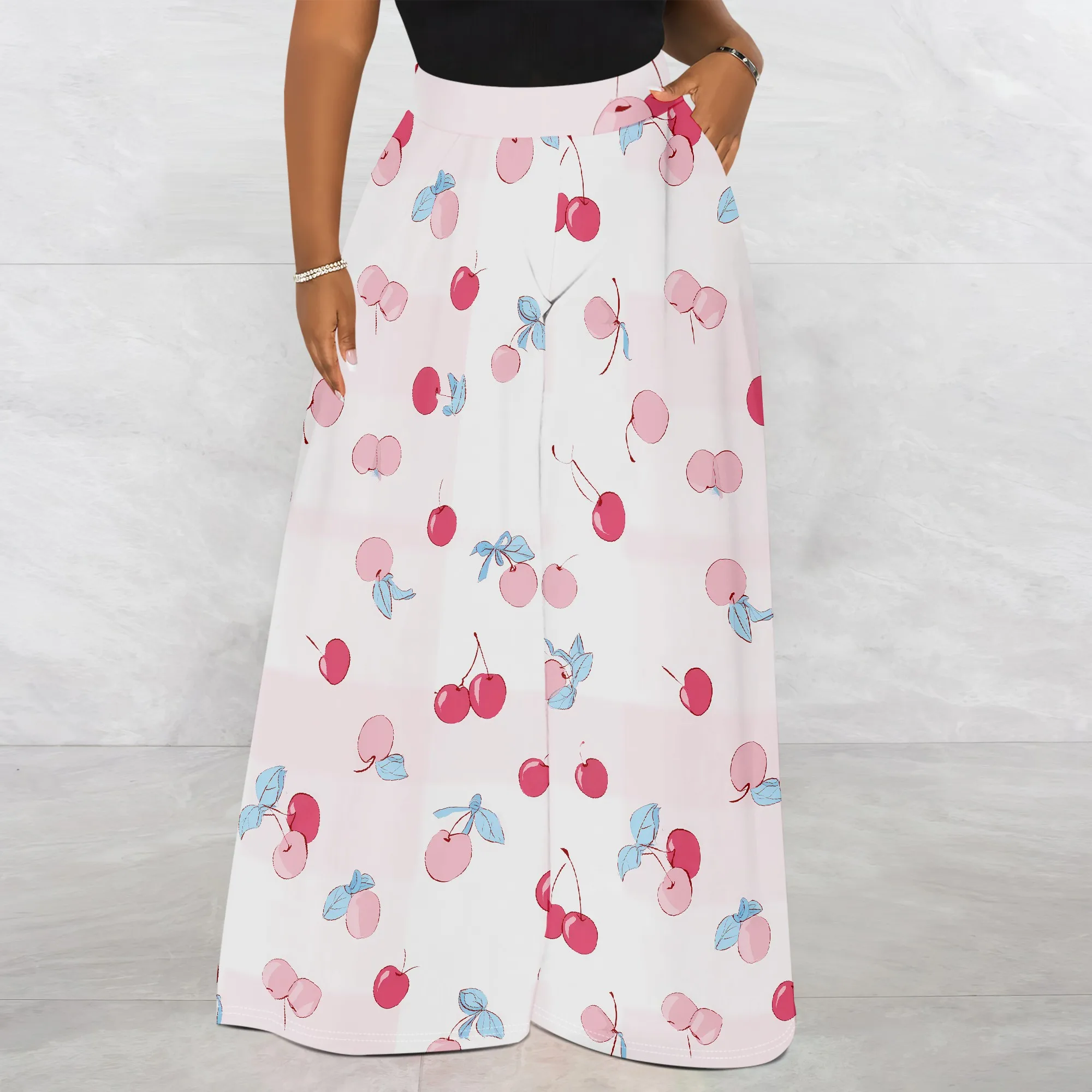 Cherry Print, Wide Leg Pants, Fruit Pattern Trousers, Casual Lounge Wear, Summer Beach Outfit, Pockets Design, S-2XL