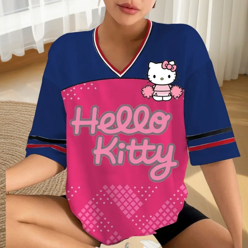 

MOTO-Hello Kitty мультфильм алфавит в полоску номер уличная одежда футболка с короткими рукавами летняя хип-хоп спортивный футбольный женский топ