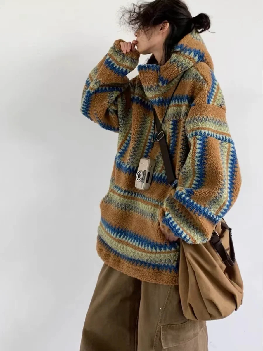 

Ретро-худи в японском стиле из пэчворка, цветной, из овечьей шерсти, осенне-зимний, свободный крой, повседневный, с капюшоном, молодежный, модный свитшот