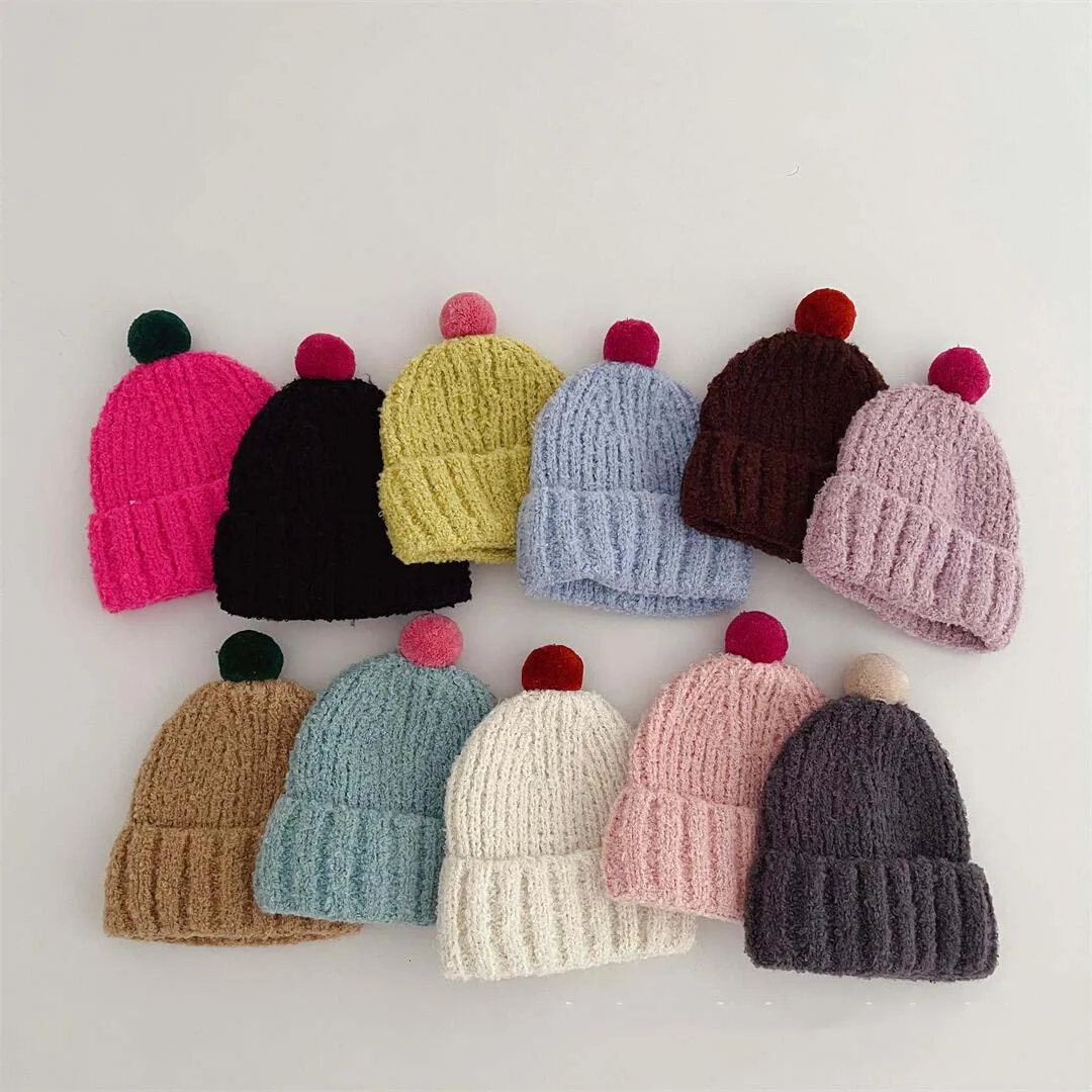 Cute Pom Pom Kids Hats 2023 Spring Autumn Kids Knit Hat Soft Elastic Baby Bonnet Caps For Girls Boys Kids Accessories