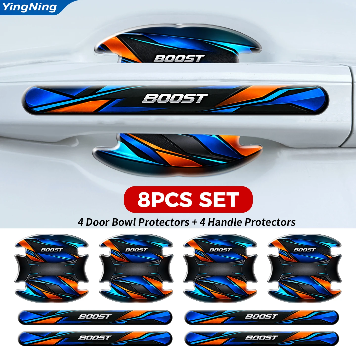 Car Door Handle Protector Stickers 3D Epoxy Resin Door Cup Bowl Blue Orange BOOST Racing Stripe Design Car Exterior Accessories