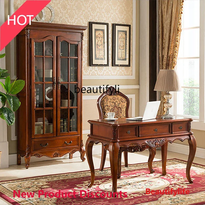 60.Solid Wood Bookcase Multi-Layer Bookcase Floor Standing Storage Cabinet European-Style Two-Door Display Cabinet
