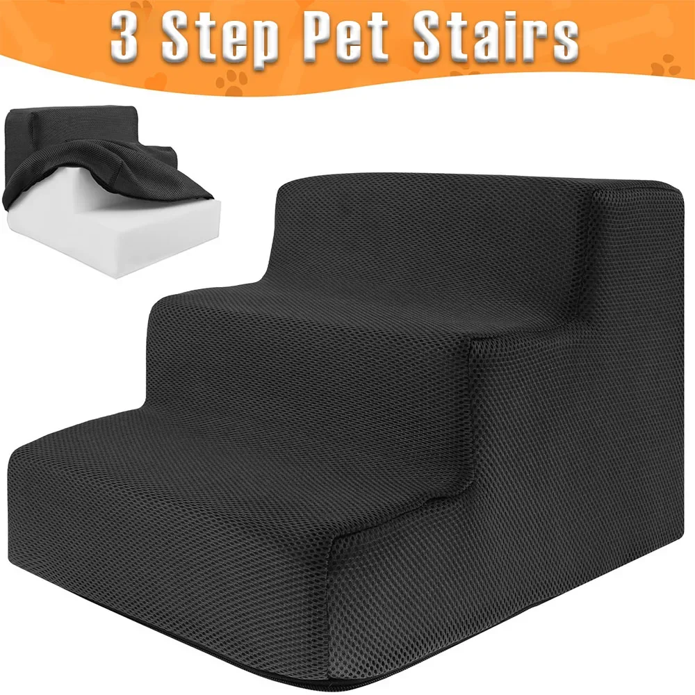 3 Step Pet Stairs High Density Soft Foam Small Dog Ramp Ladder Stair Removable and Washable Non-Slip Dog/Cat Steps Pet Supplies