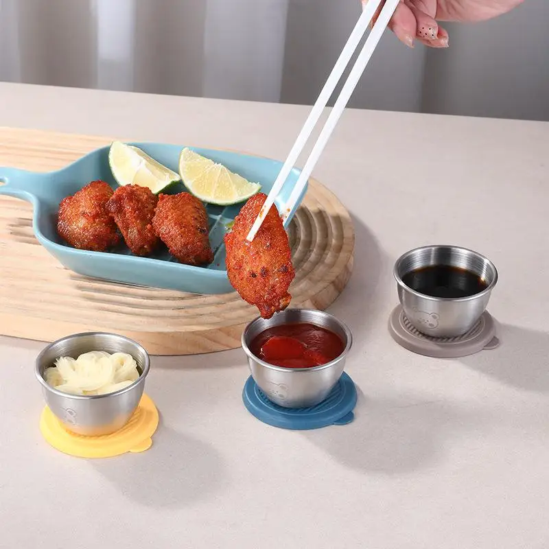 Contenitore per condimenti per insalata da 1/6 pezzi con coperchi in silicone riutilizzabili a tenuta stagna per tazza in acciaio inossidabile da 80 ml per scatola da pranzo e cucina da picnic