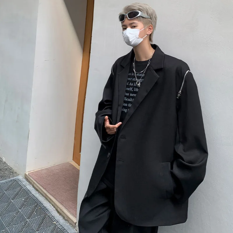 แจ็กเก็ตสูทดีไซน์เปิดไหล่มีซิปสำหรับผู้ชายทรงหลวมเสื้อคลุมสูทสไตล์สไตล์เกาหลีอเนกประสงค์แจ็คเก็ตลำลองชุดลำลองย้อนยุคฤดูใบไม้ร่วง