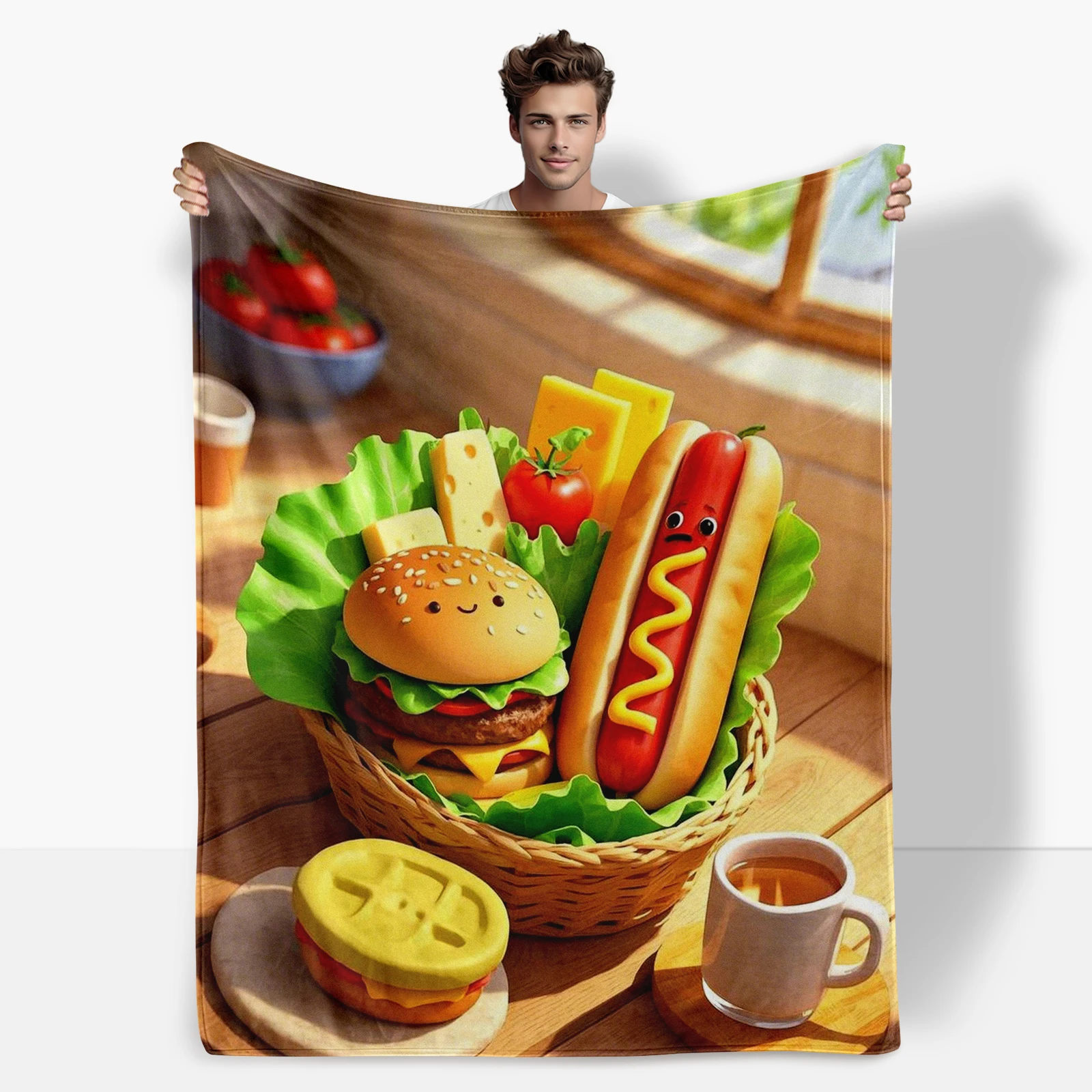 Cozy Cartoon Burger And Hot Dog Personification Blanket Featuring A Basket Adds Fun To Any Room