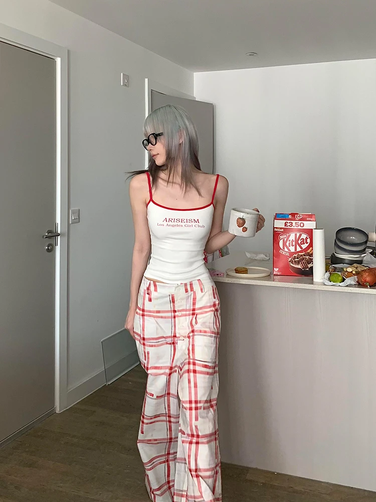 Plones Casus Retro a Cuadros Rojos para Mujer, Verano 2025, Nuevo Diseño, Estilo Hoado, Pierna Ancha Recta, Largos h...