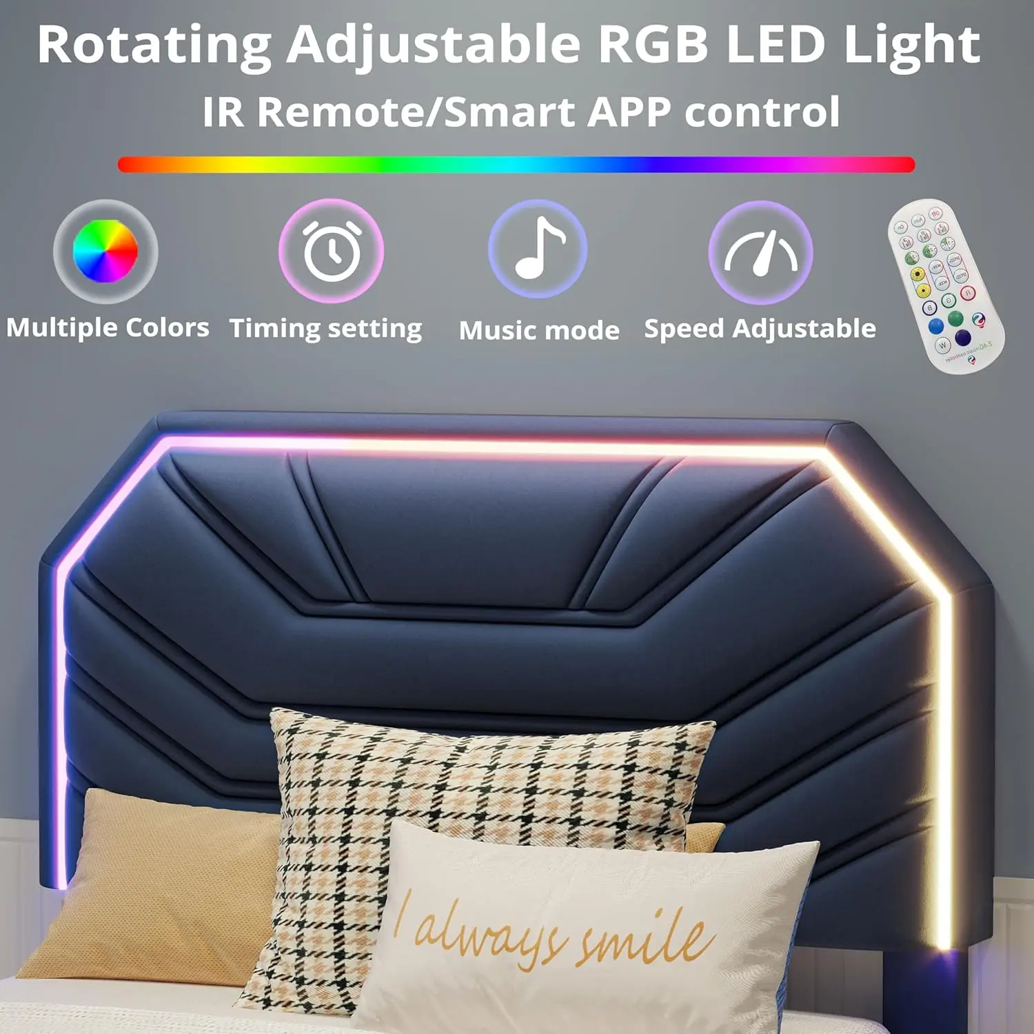 إطارات سرير LIKIMIO Twin / Twin XL مع لوح رأسي مضاء، سرير منجد حديث بمنصة كاما مزدوجة مع دعامات شديدة التحمل