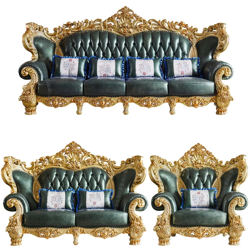 

Leather sofa solid wood double-sided carved villa living room