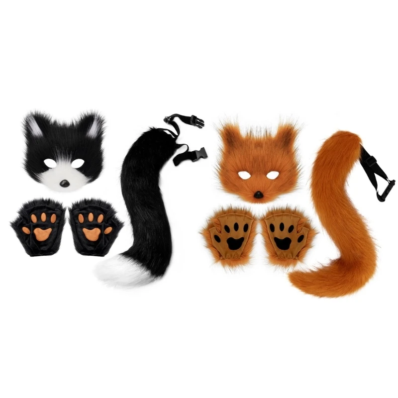 

Animal Tail Furry Gloves Foxes Face Cover Lovely Foxes Tail Foxes Costume Set Halloween Costume Cosplay Set for Parties