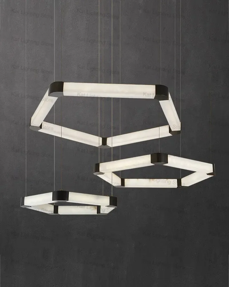 American Design Snowflake Marble Chandelier Lamp Rectangular Adjustable Chain System Brass Black Lustre Dimmable Ceilings