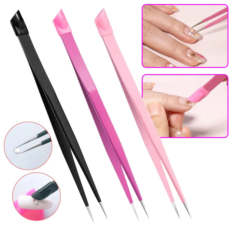 2pc Double Headed Tweezers Multi-Use Tweezers Silicone Pressing Head Nail Clipping Tool Take Sticker Tape Crystal Manicure Tools