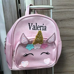 Mochila escolar de unicornio de PU para niña, bolso de princesa de jardín de infantes con nombre personalizado, bolsas de aperitivos de hombro para salir de viaje